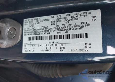 2020 Ford Escape Se z USA, uszkodzony, nr VIN 1FMCU9G60LUC45163